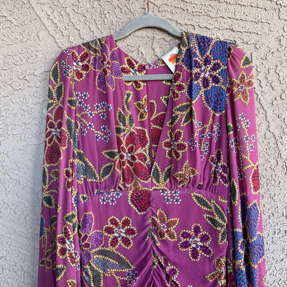 FARM RIO Mauve Pink Blue Floral Long Sleeve Plunging V Ruched Ruffle Mini Dress - Picture 9 of 17